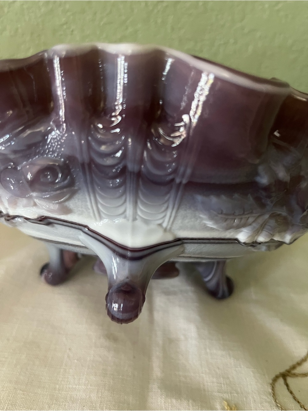 Vintage Imperial Glass Purple Slag Open Rose Ruffled Footed Bowl